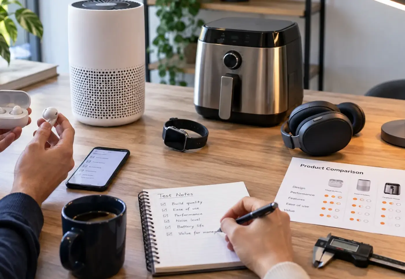 Product testing notes, comparison sheets and measurement tools used during review work