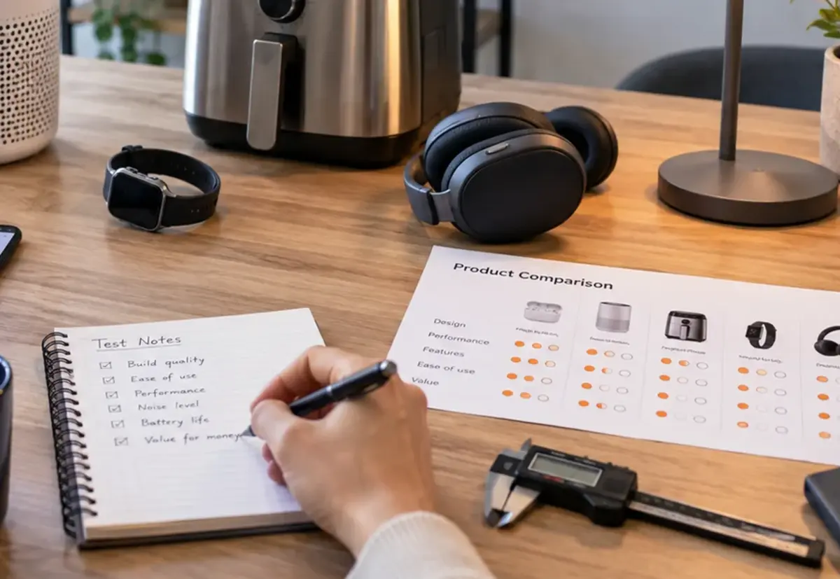Written product test notes, comparison criteria and measurement tools